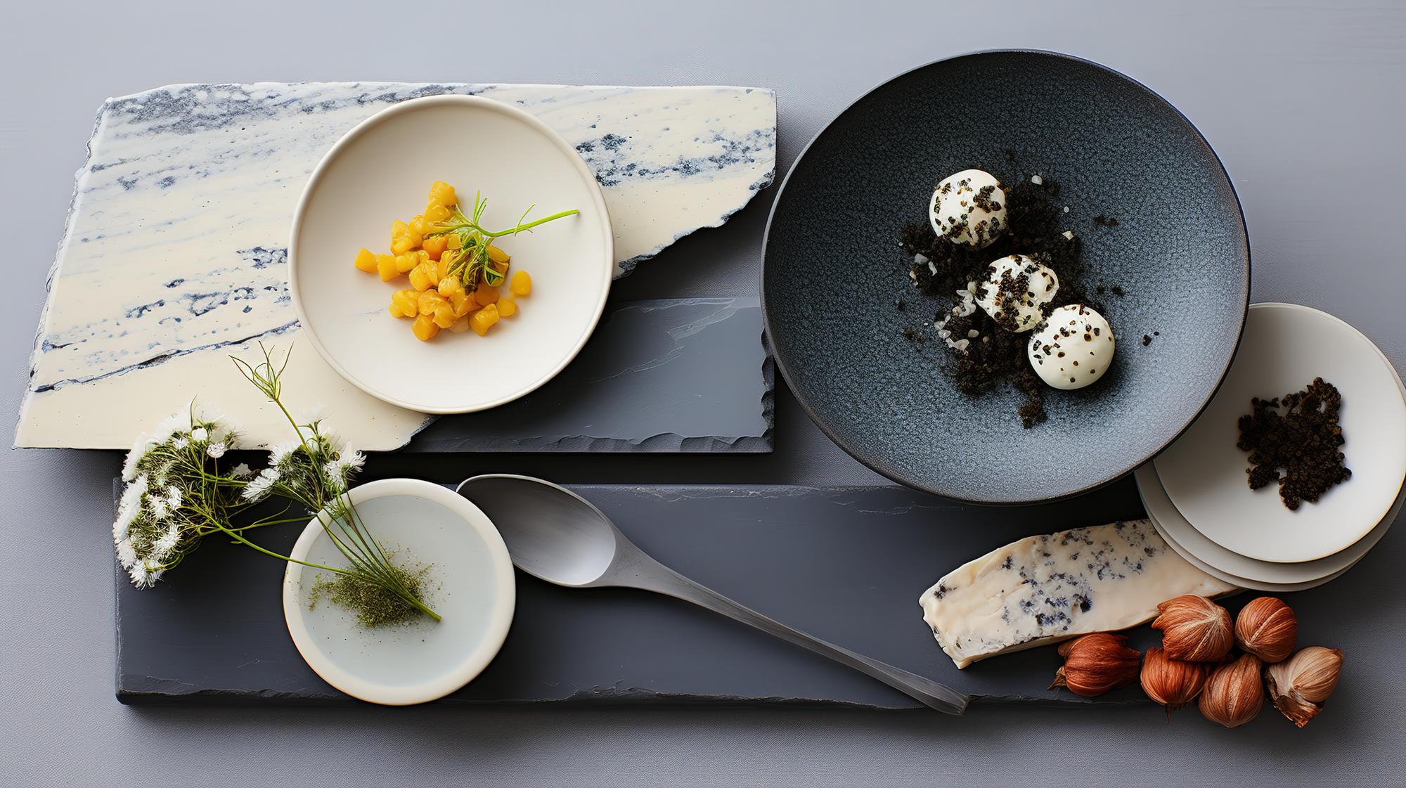 Set of plated course dishes on slate